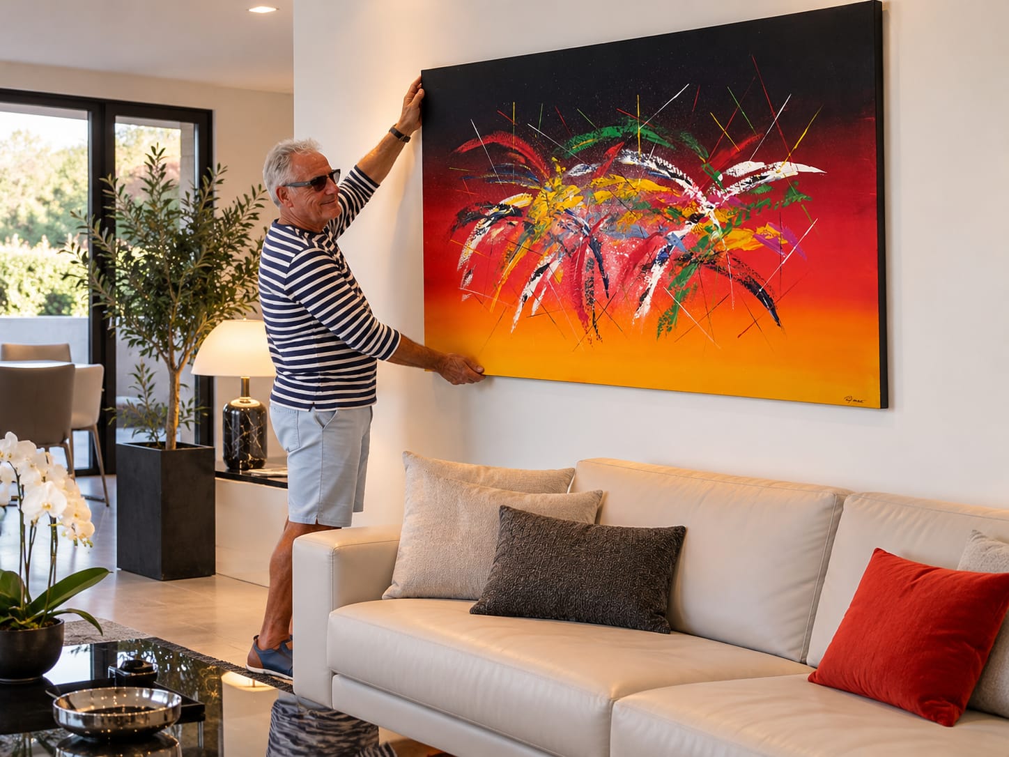 Paul Goujat installant une œuvre dans un intérieur